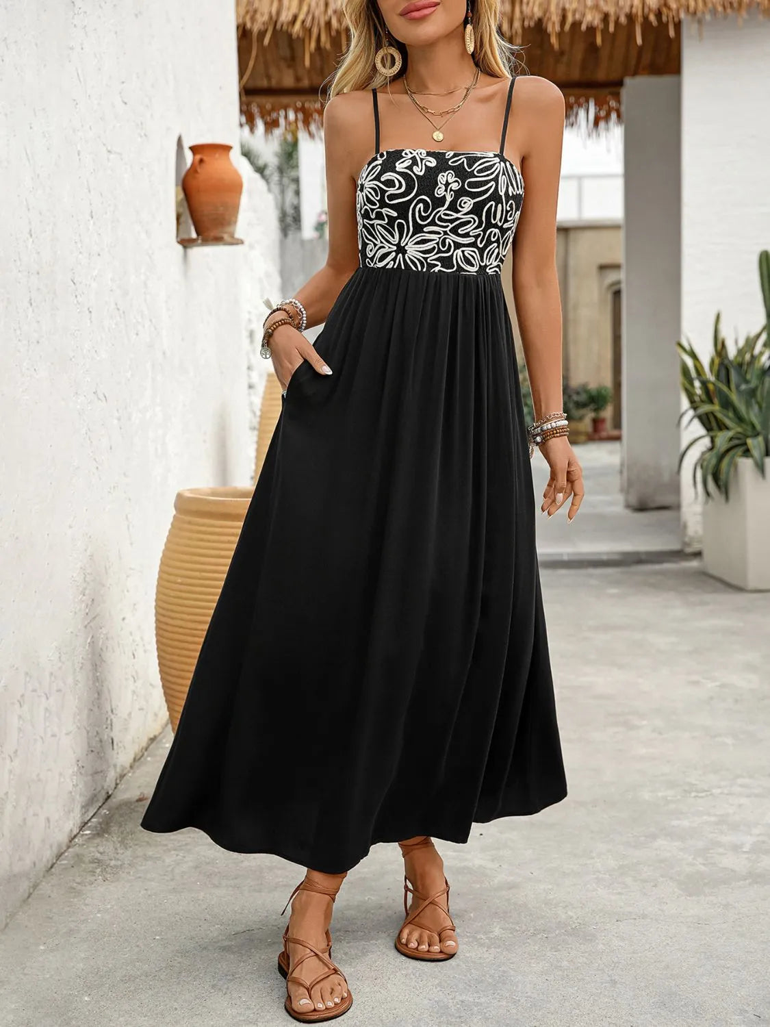 Smocked Midi Cami Dress with Pockets