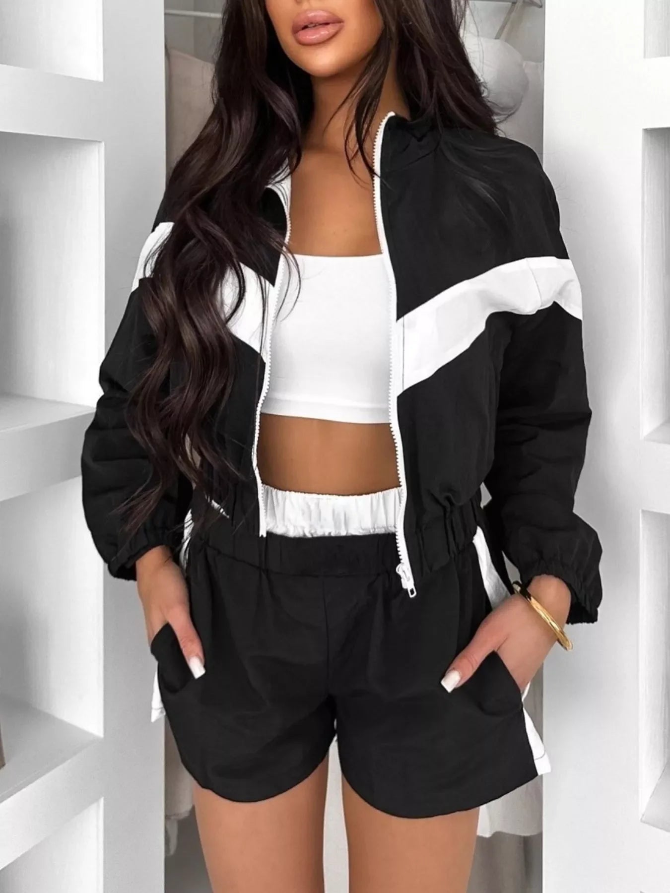 Zip Up Long Sleeve Outerwear and Shorts Set