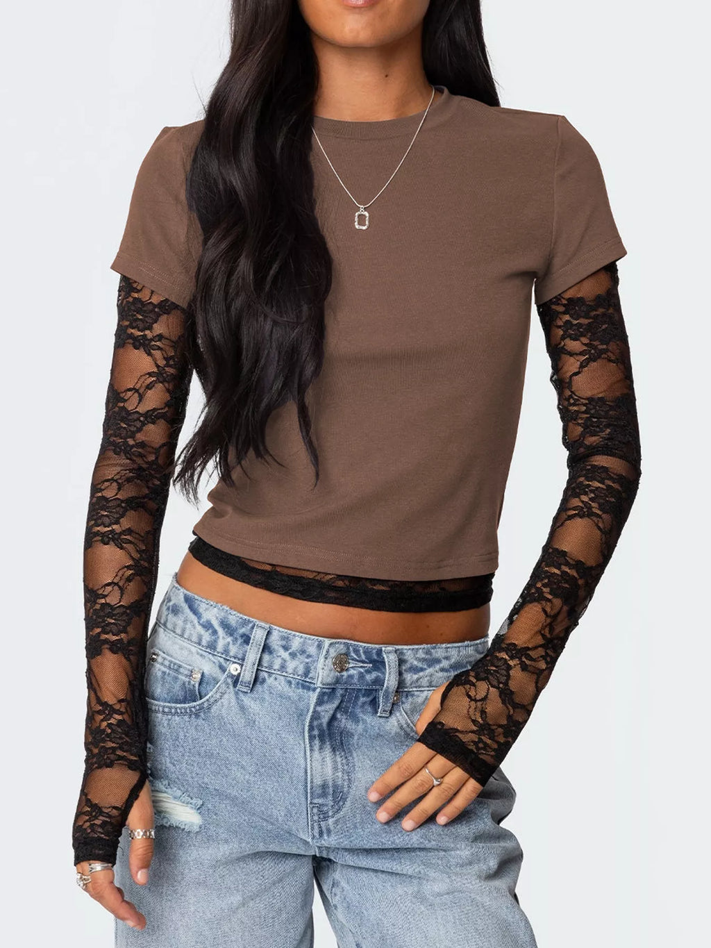 Cropped T-Shirt with Sheer Lace Sleeves