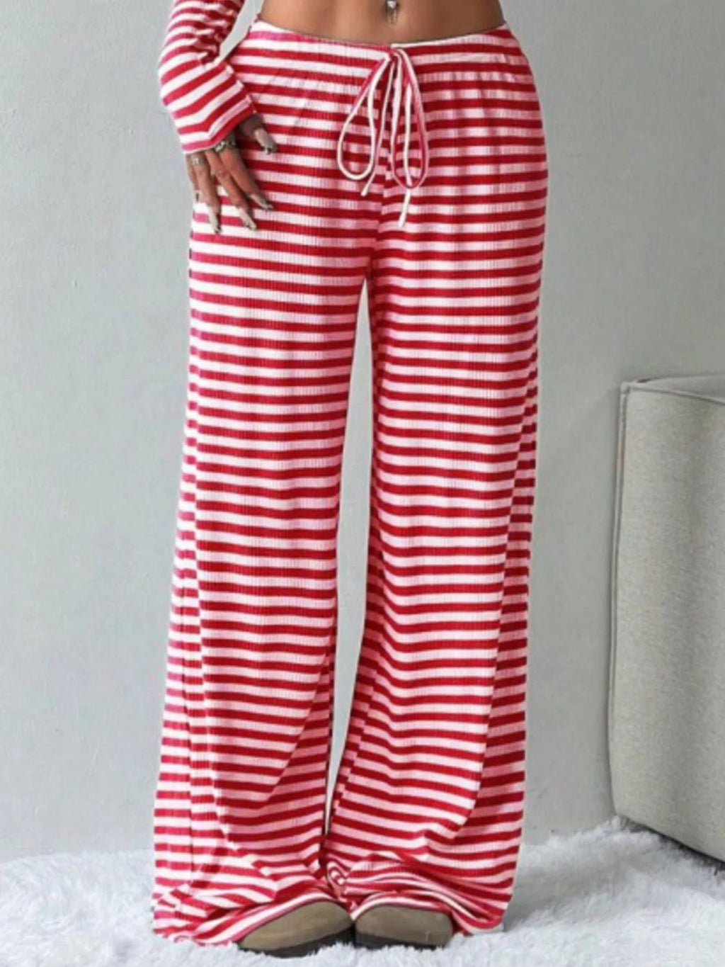 Striped Long Sleeve Crop Top and Wide Leg Pants Set