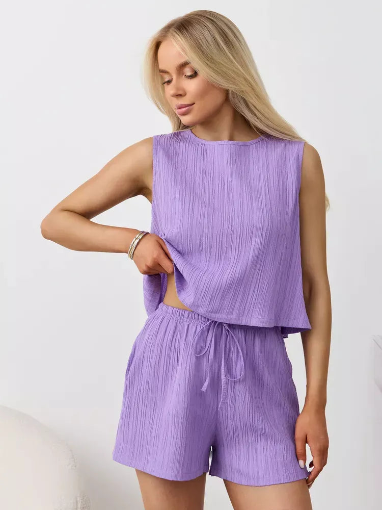 Textured Round Neck Tank and Shorts Set
