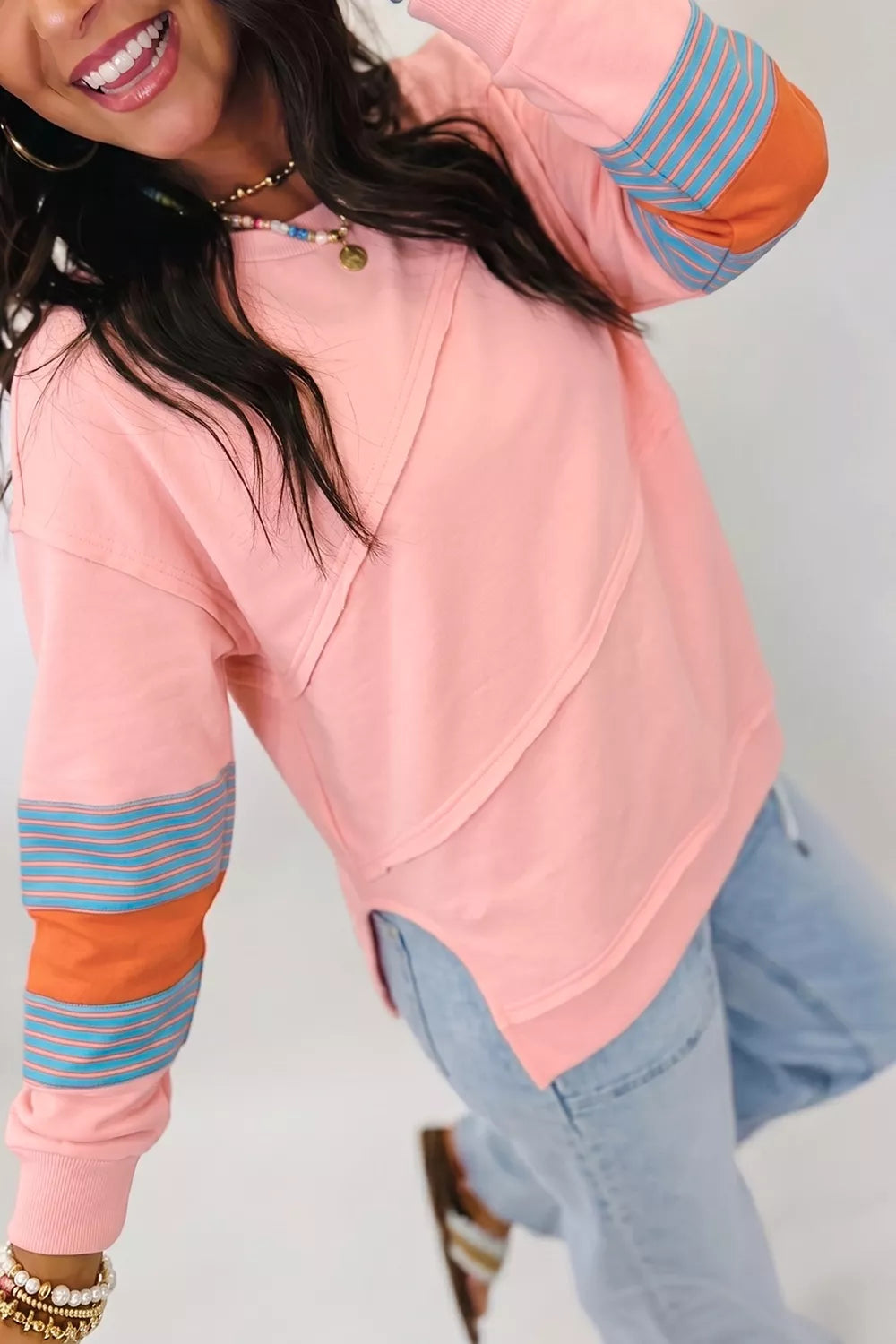 Colorblock Striped Patchwork Long Sleeve Round Neck Blouse