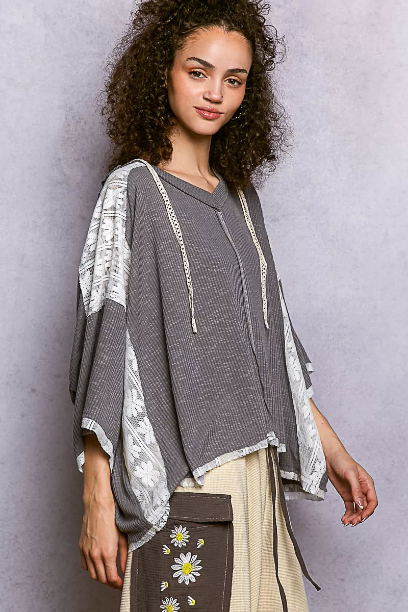 POL Short Sleeve Hoodie Top with Lace Detail