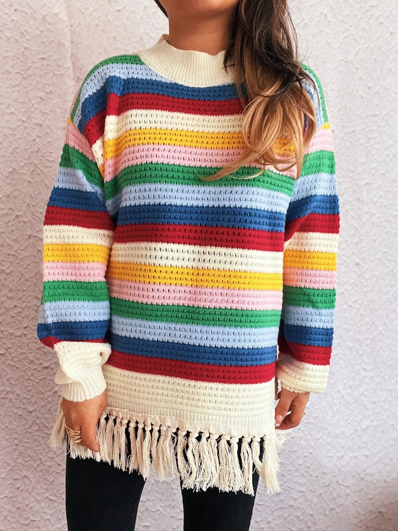 Tassel Rainbow Striped Long Sleeve Sweater