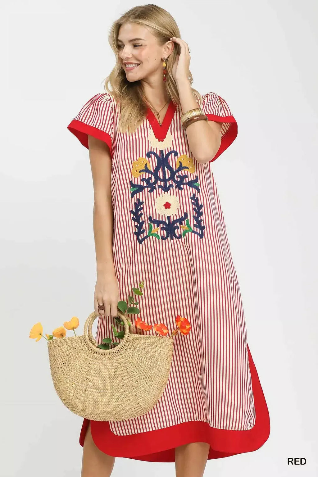 Umgee Floral Embroidered Stripe Dress with Side Slits