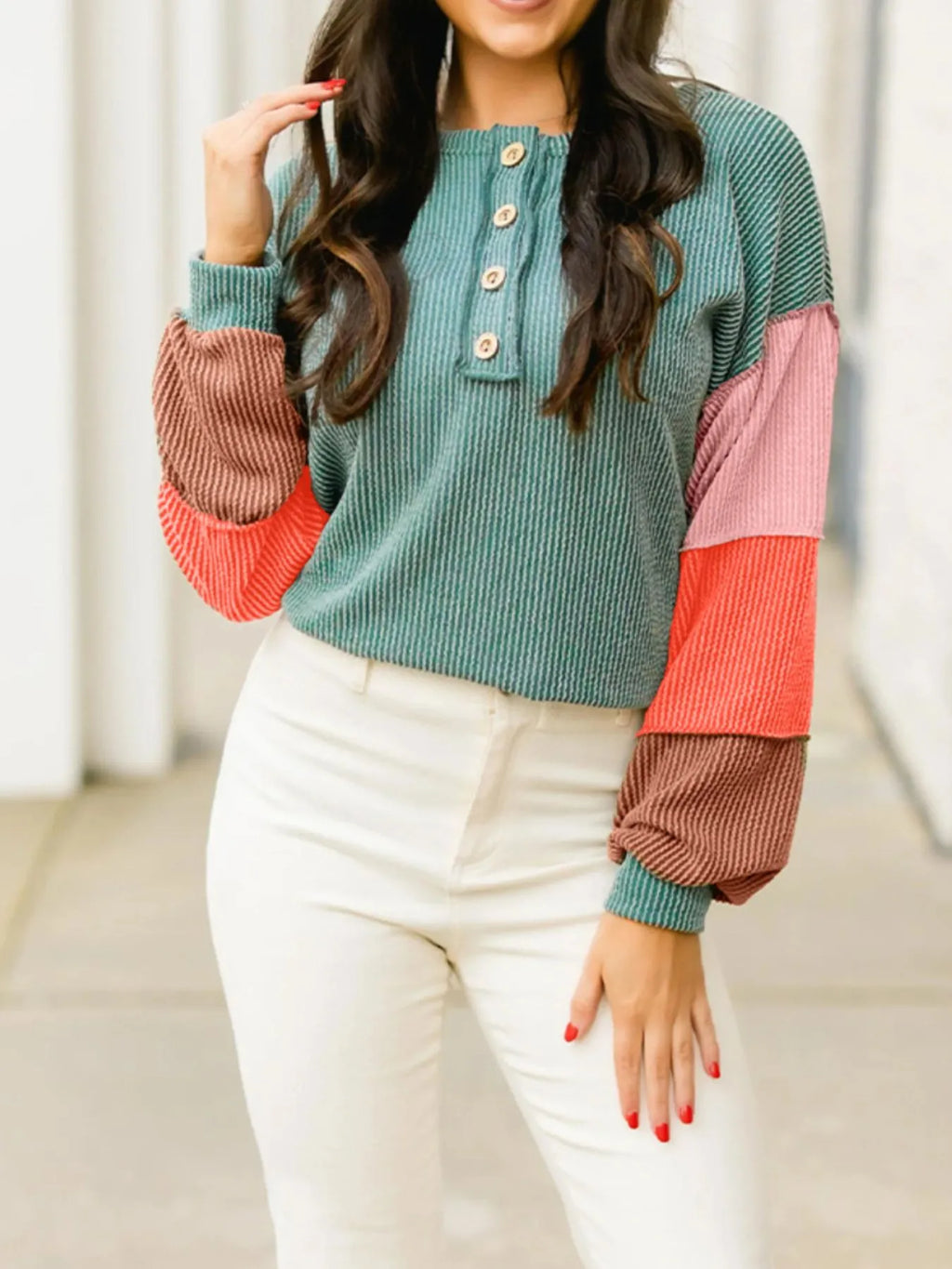 Color Block Ribbed Knit Henley Sweatshirt