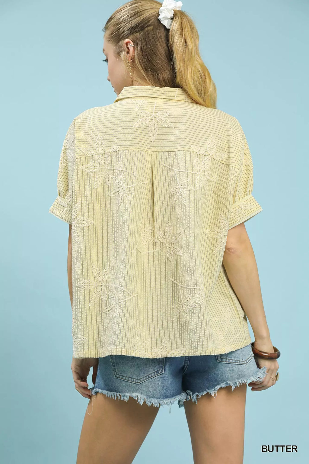 Umgee Striped Embroidered Blouse with Scallop Trim