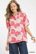 Umgee Floral Collared Short Sleeve Blouse