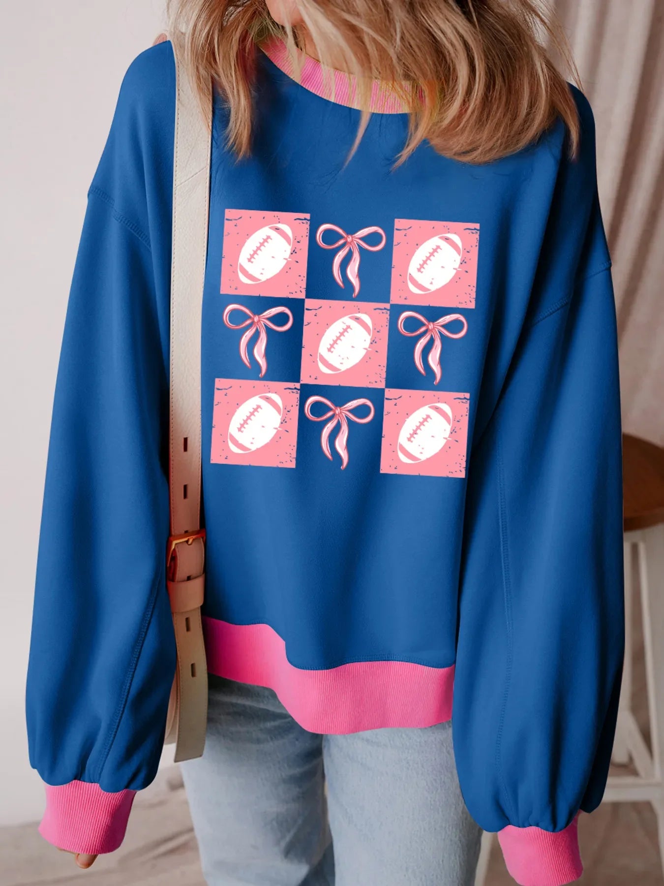 Bowknot Graphic Game Day Contrast Trim Drop Shoulder Casual Sweatshirt