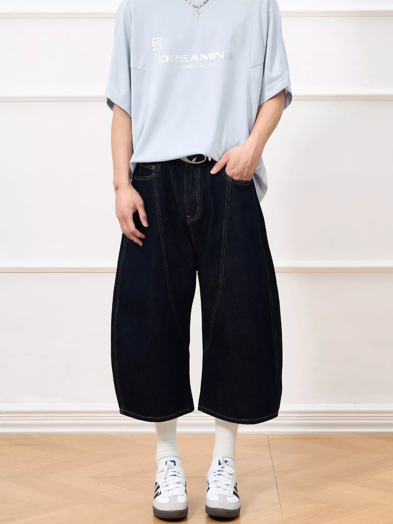 Men's Wide Leg Cropped Denim Shorts