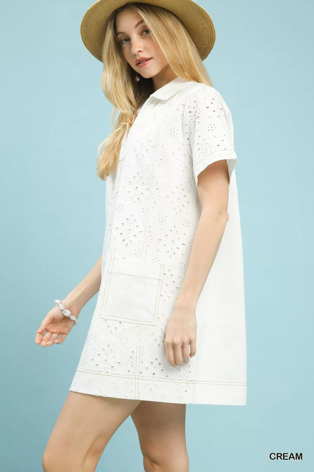 Umgee Eyelet Short Sleeve Shift Dress with Pocket