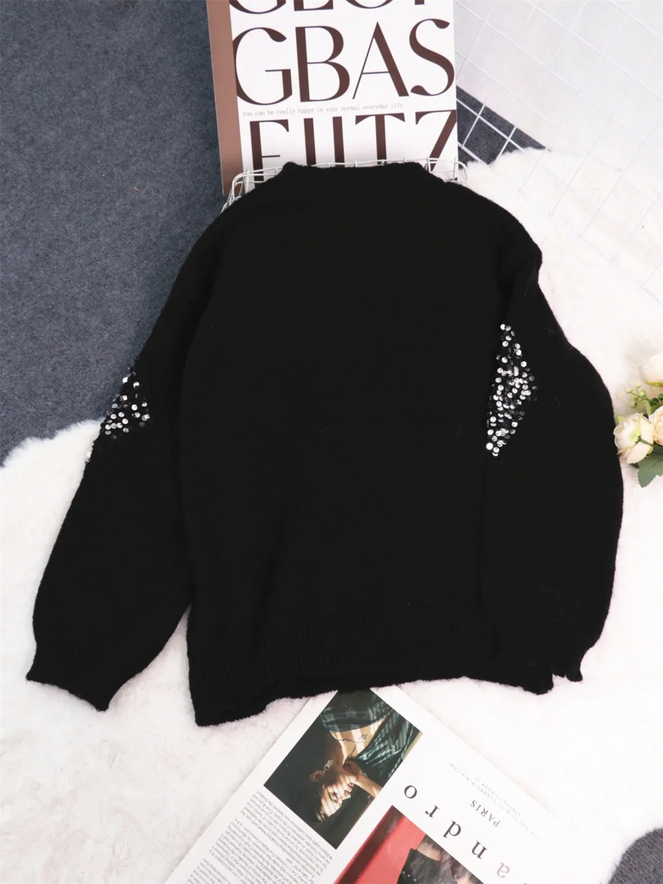 Sequined Diamond Pattern Oversized Sweater