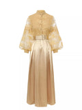 Lace Lantern Sleeve Belted Maxi Dress