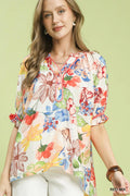 Umgee Watercolor Floral Print Top with High-Low Hem