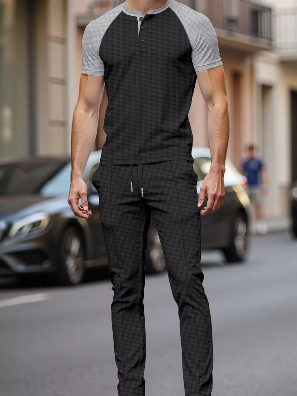 Men's Full Size Casual Two-Tone Raglan Sleeve Tee and Pants Set Plus Size