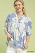 Umgee Peony Illustration Print Top with Scalloped Trim