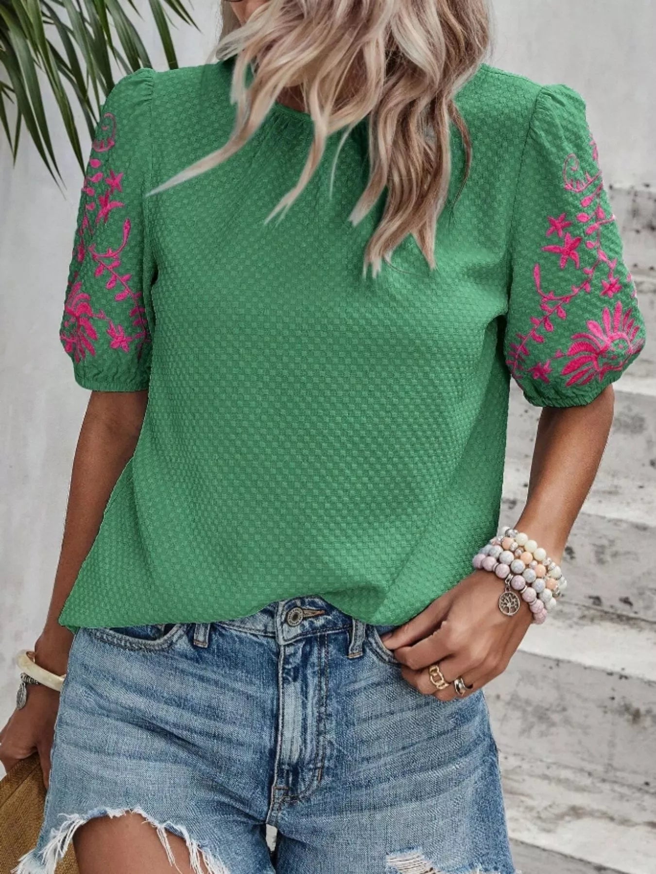 Embroidered Puff Sleeve Blouse