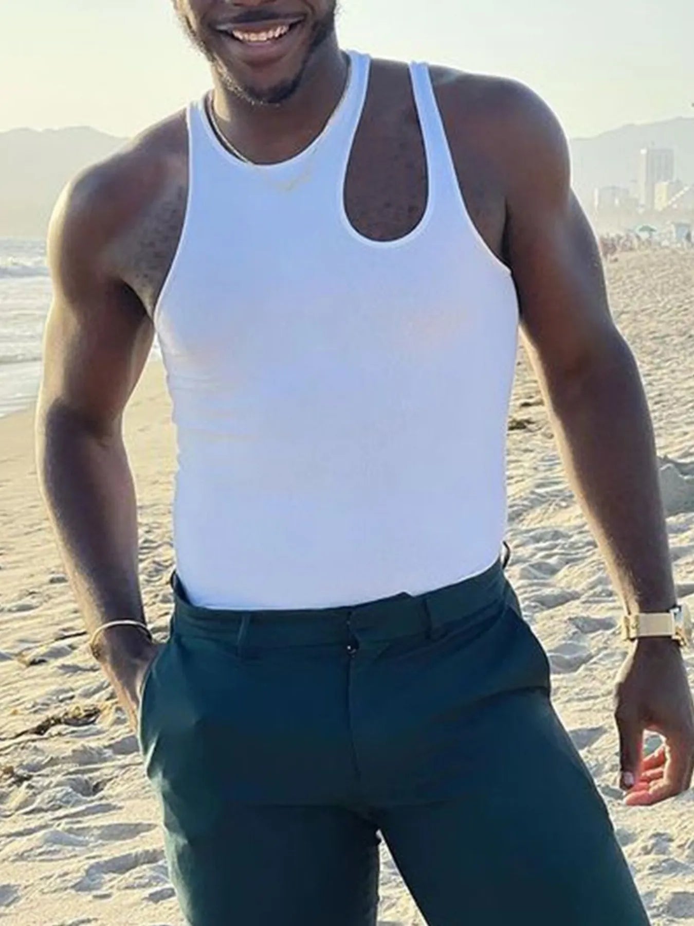 Men's Full Size Cutout Solid Color Tank Plus Size
