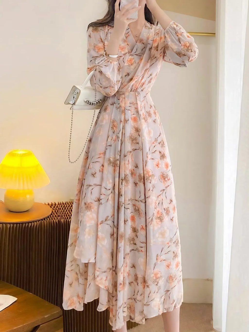 Floral Print Long Sleeve Midi Dress
