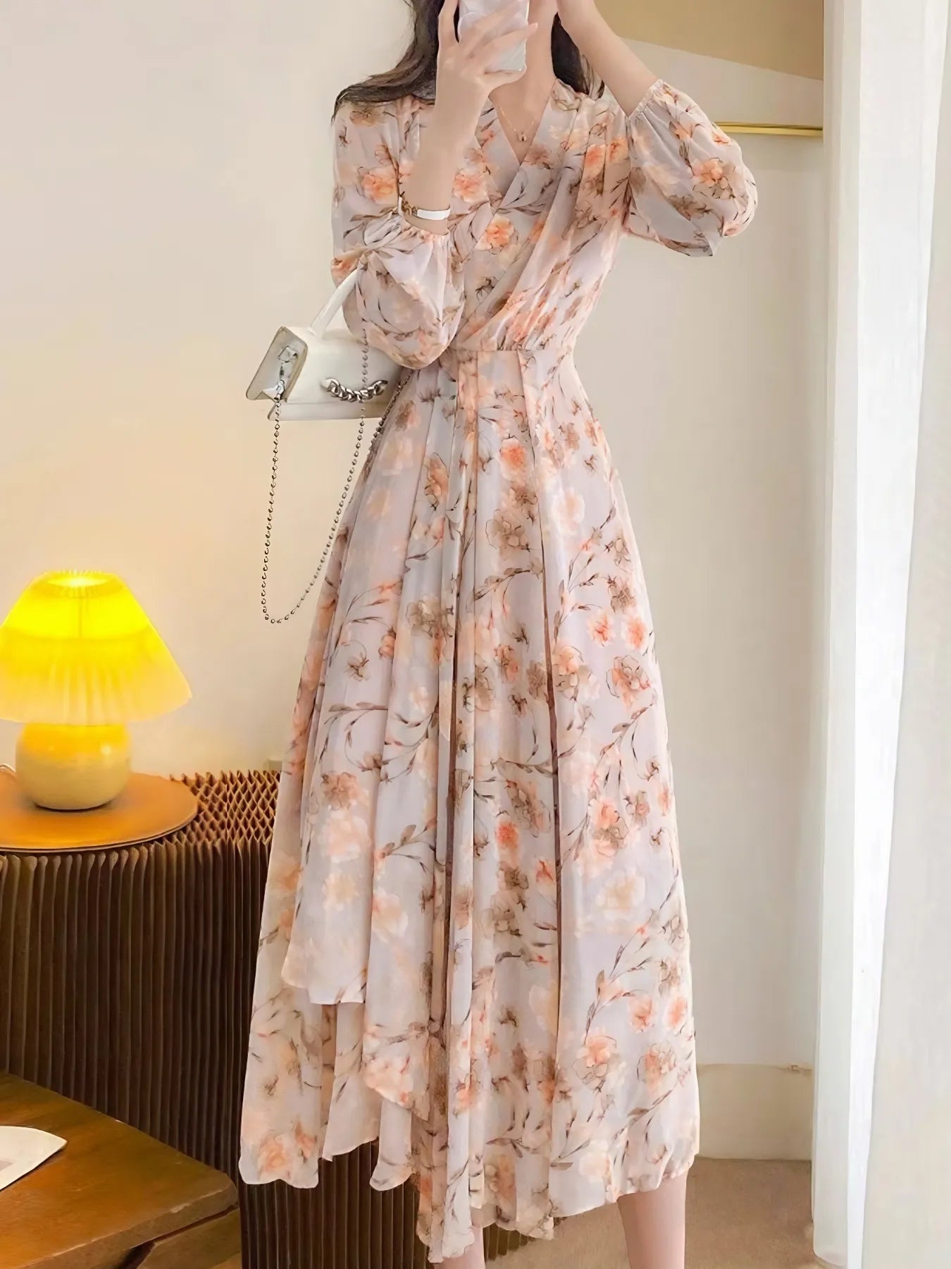 Floral Print Long Sleeve Midi Dress