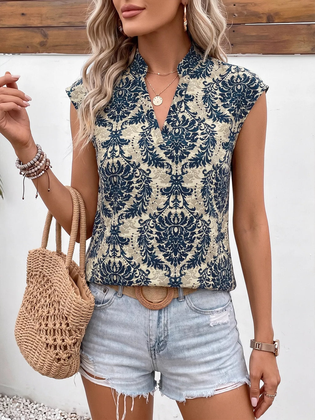 Damask Print Cap Sleeve Blouse