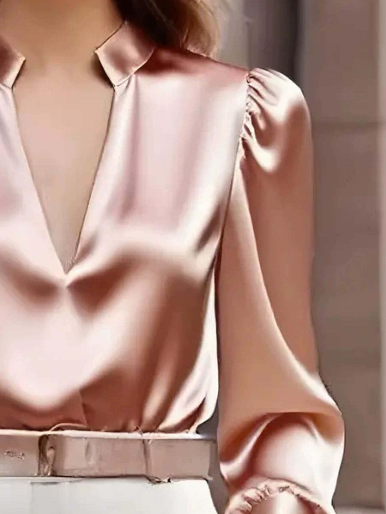 Notched Long Sleeve Blouse