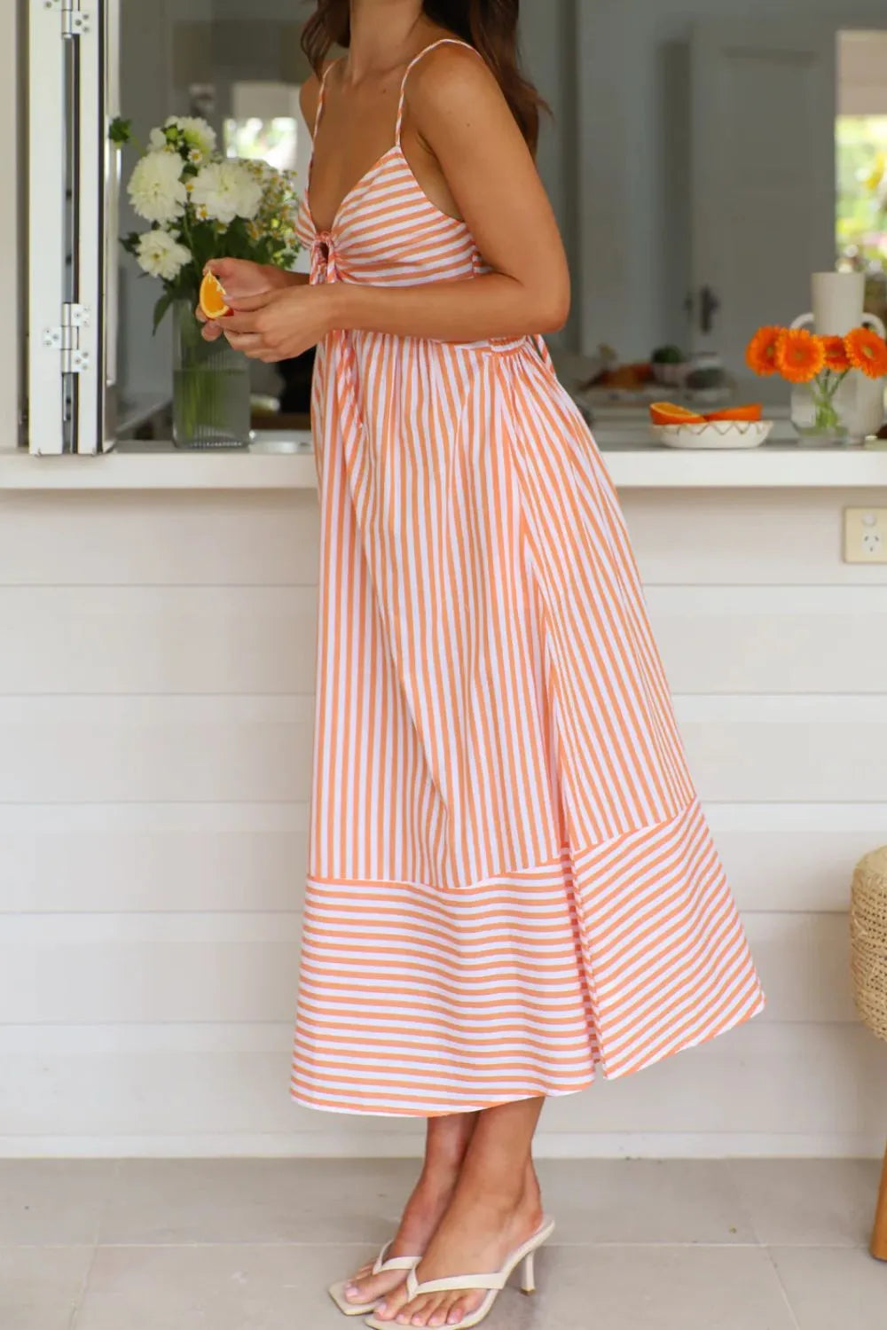 Smocked Back Striped Sleeveless Midi Dress
