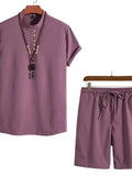 Men's Plus Size Casual Mandarin Collar Short Sleeve Shirt and Shorts Set