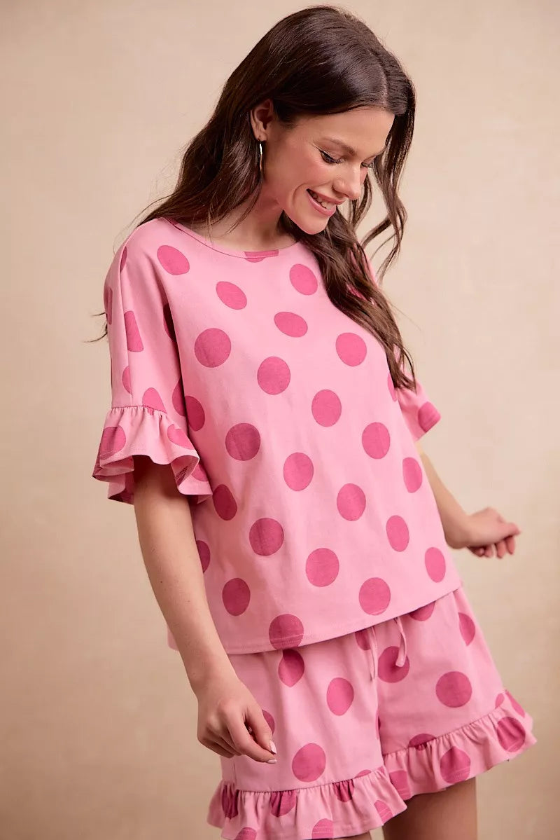 BiBi Polka Dots Printed Ruffled Detail Top And Shorts Set