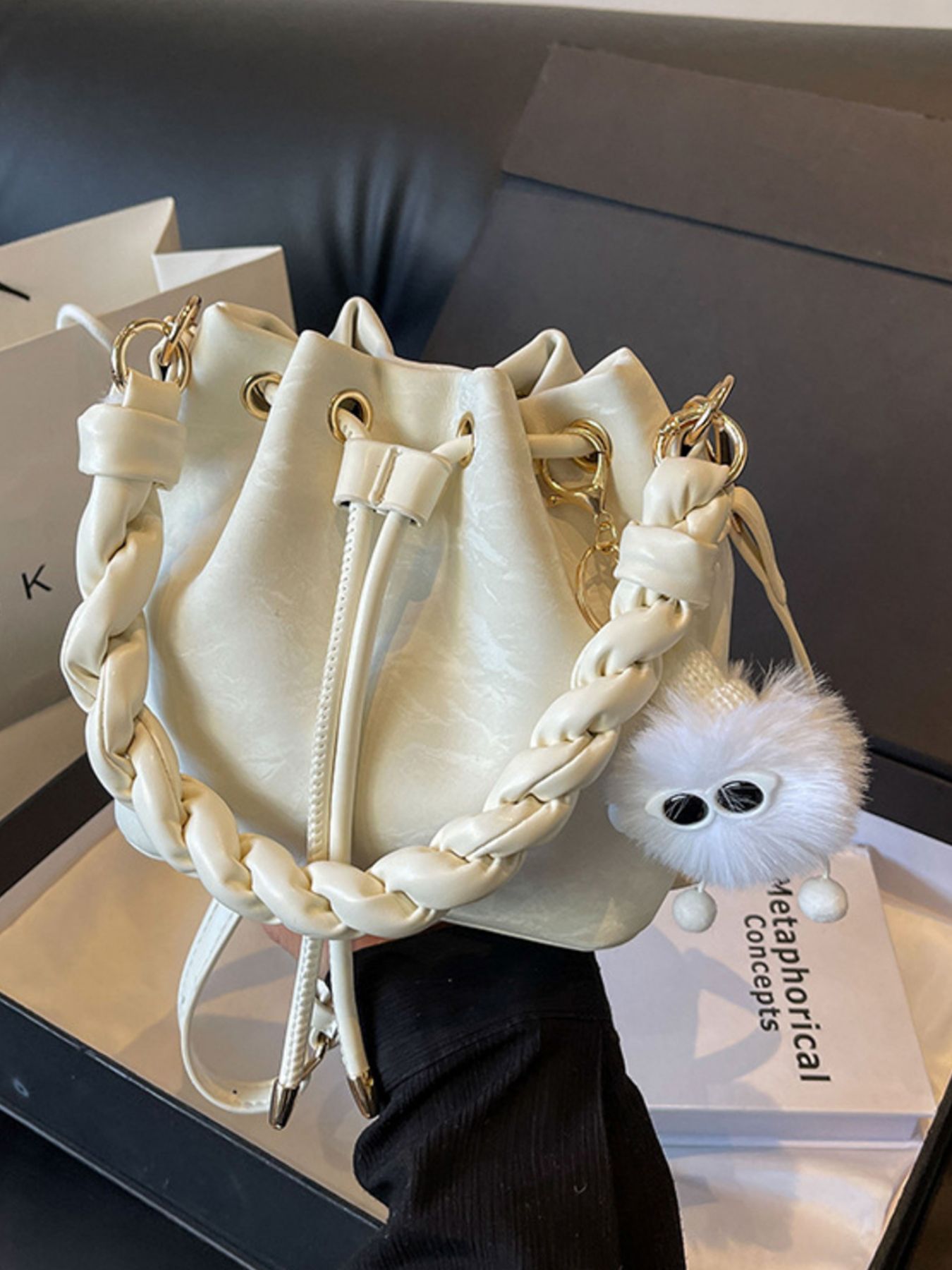 Chunky Chain Trim Drawstring Bucket Crossbody Bag