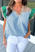 Color Block Notched Ruffled Cap Sleeve Blouse