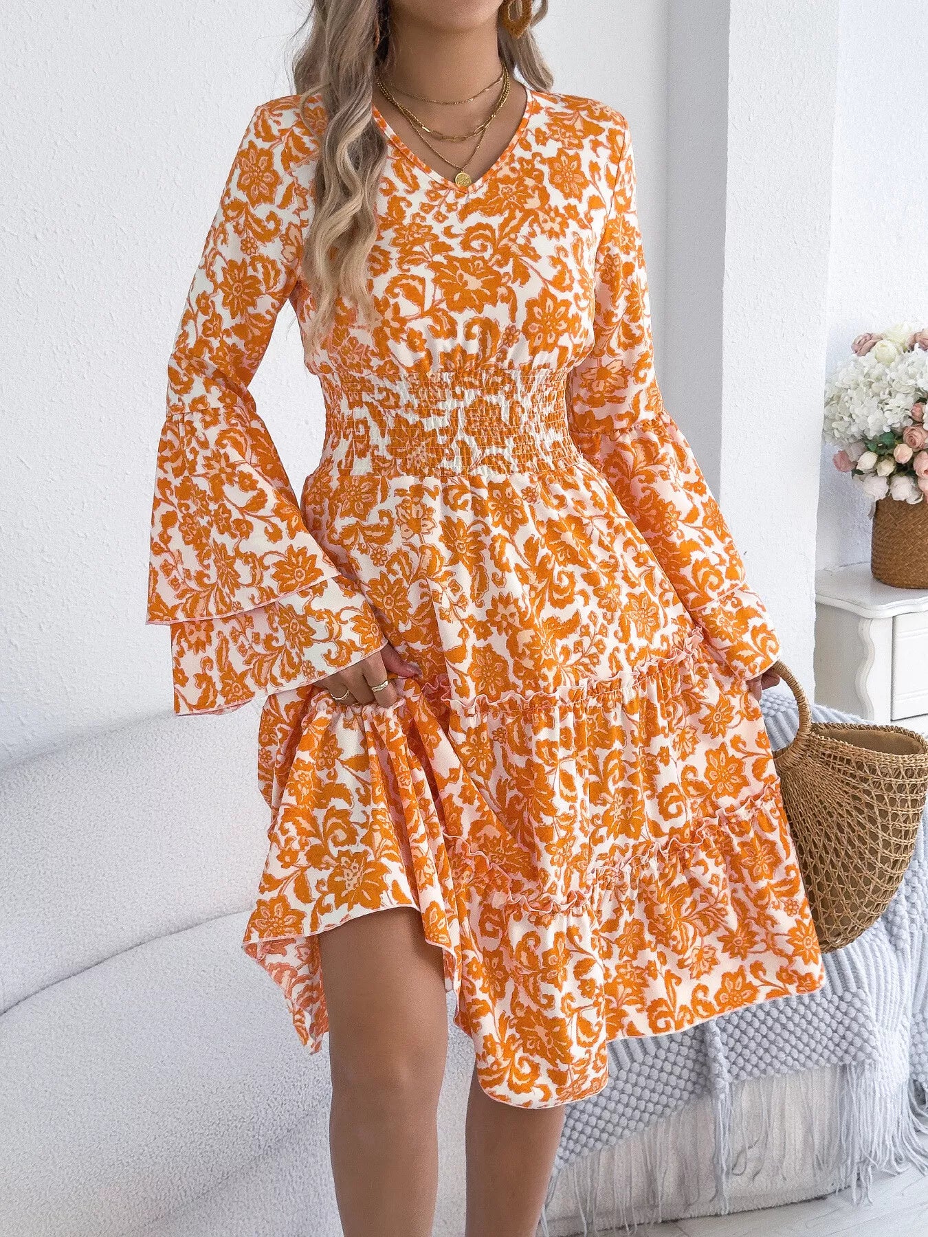 Floral Print Smocked Ruffle Hem Flared Sleeve Dress