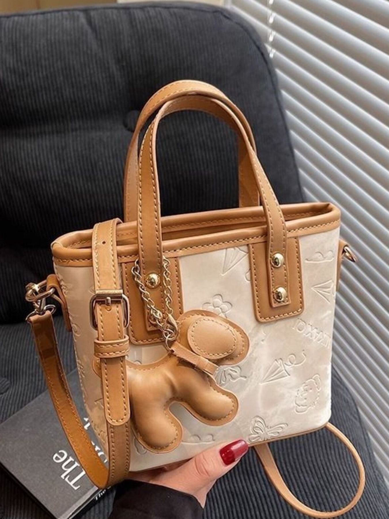 Embossed Pattern Crossbody Bag with Dog Charm
