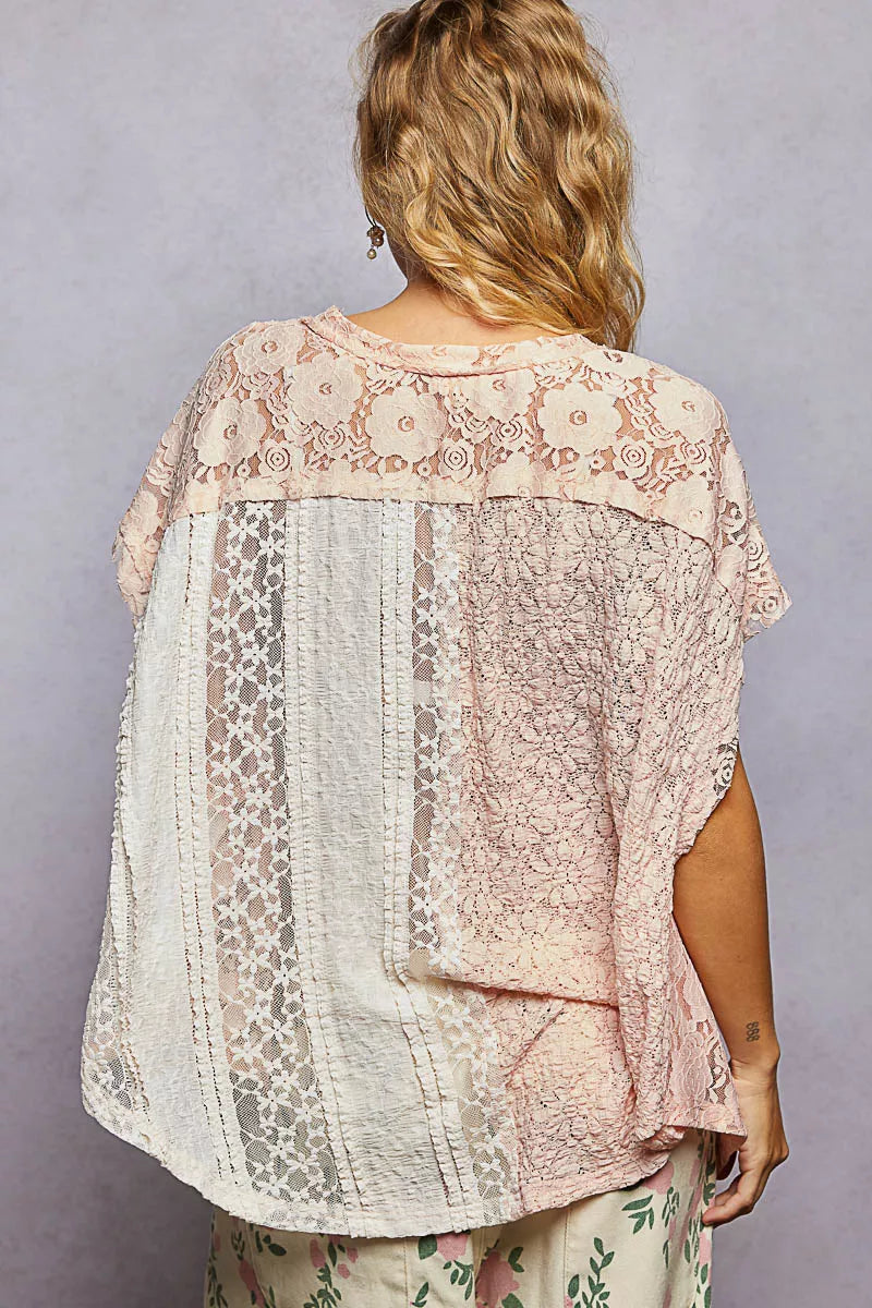 POL Asymmetrical V-Neck Short Sleeve Lace Top