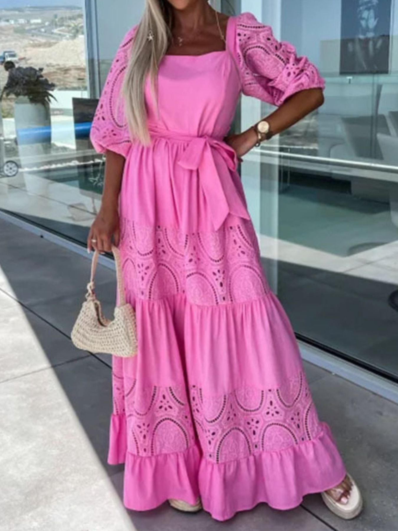 Lace Sleeve Belted Tiered Ruffled Maxi Dress