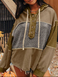 Mixed Texture Patchwork Exposed Seam Half Button Hoodie