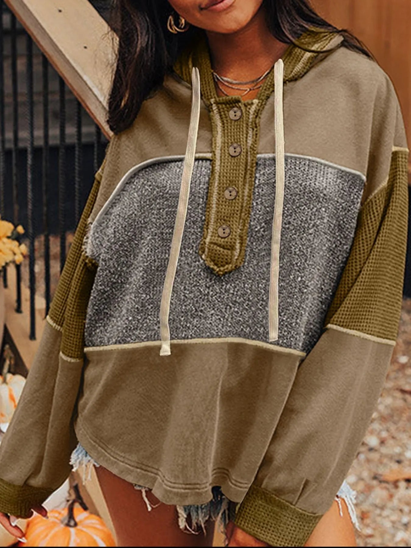 Mixed Texture Patchwork Exposed Seam Half Button Hoodie