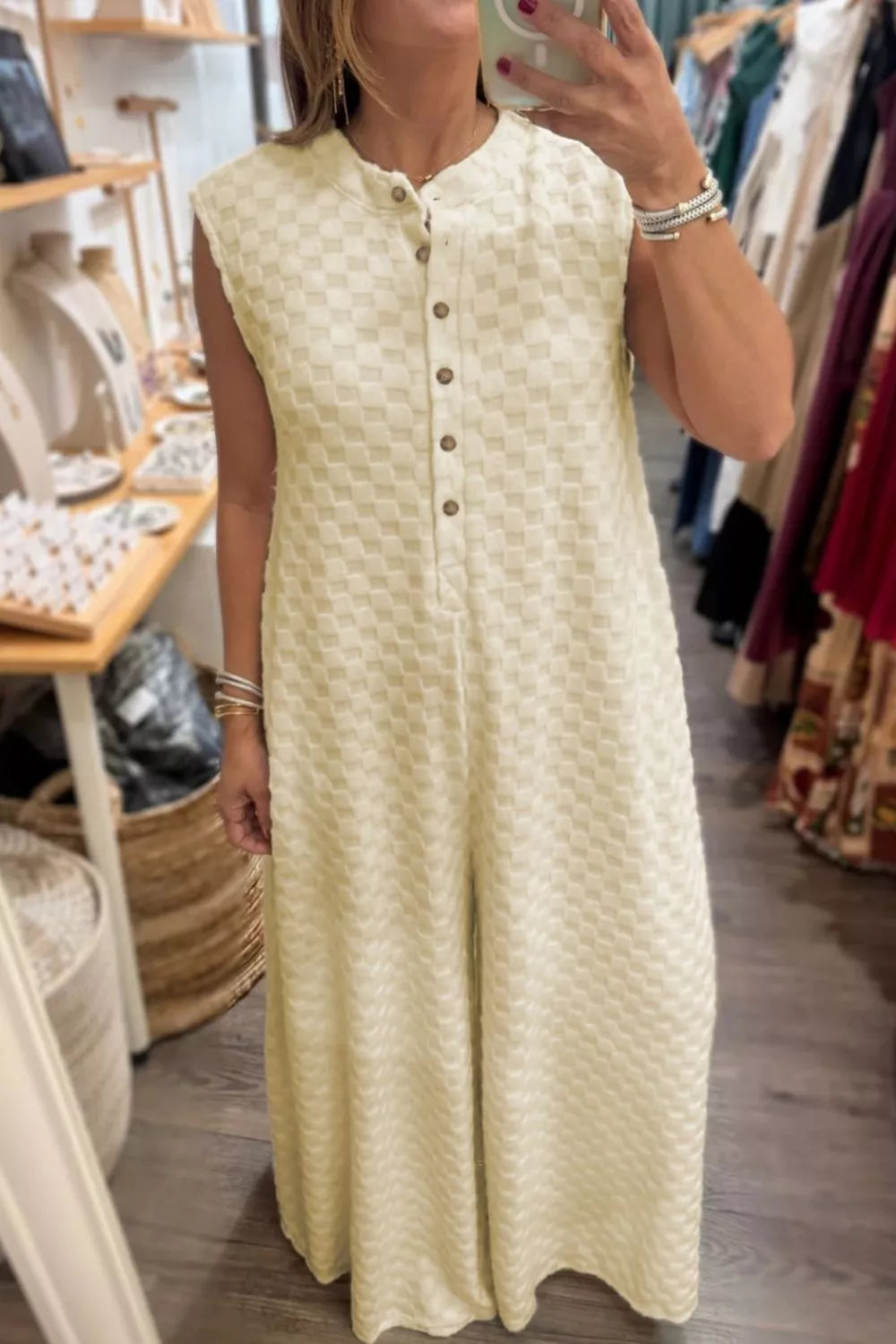 Half Buttons Sleeveless Wide Leg Textured Jumpsuit