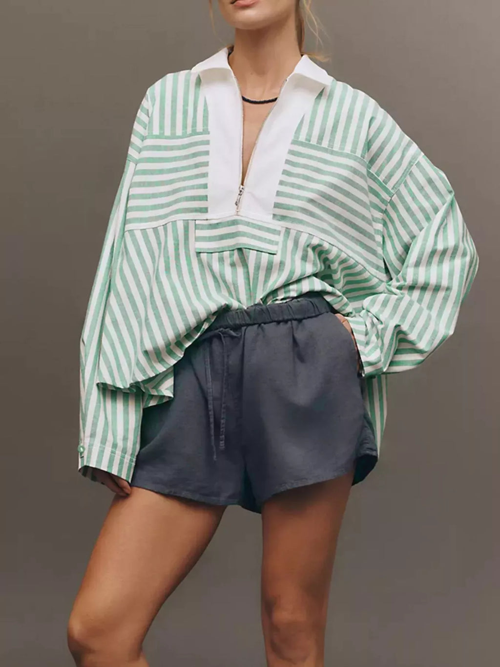 Stripe Half Zip Long Sleeve Swing Top