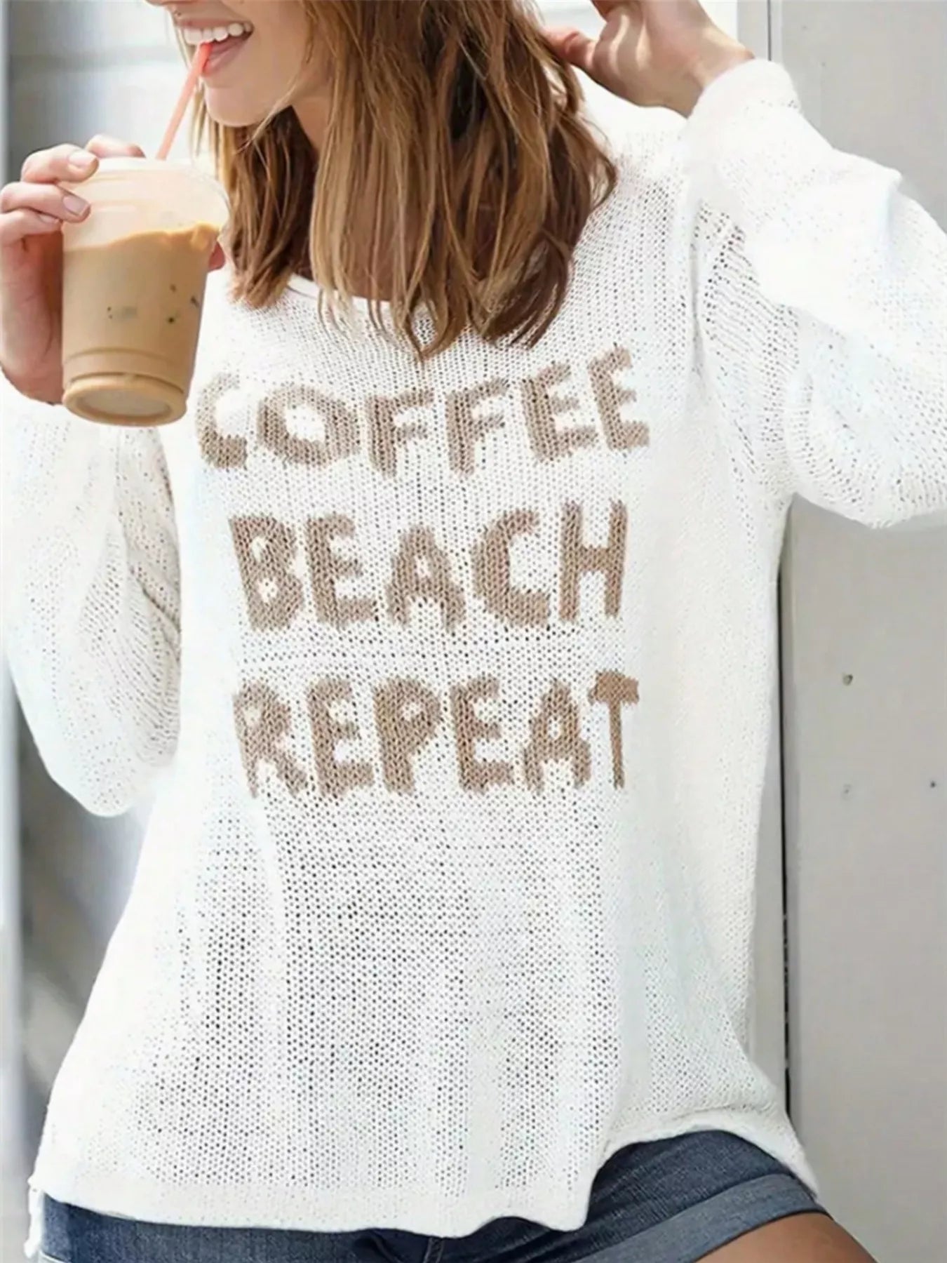 Coffee Beach Letter Side Slit Knit Top