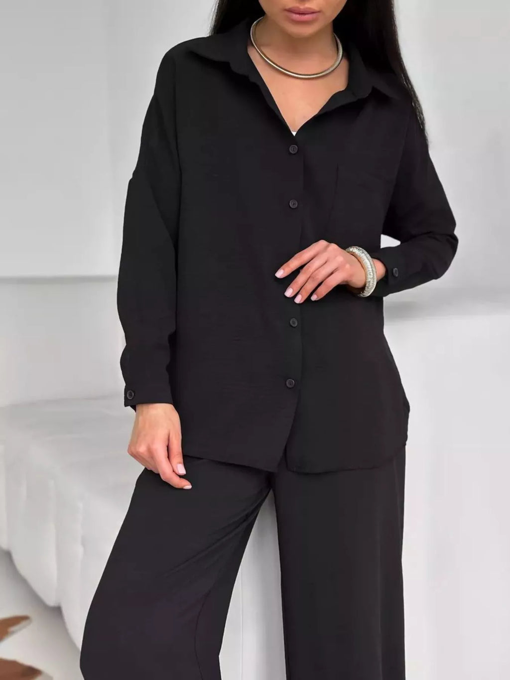Relaxed Fit Shirt and Wide Leg Pants Set