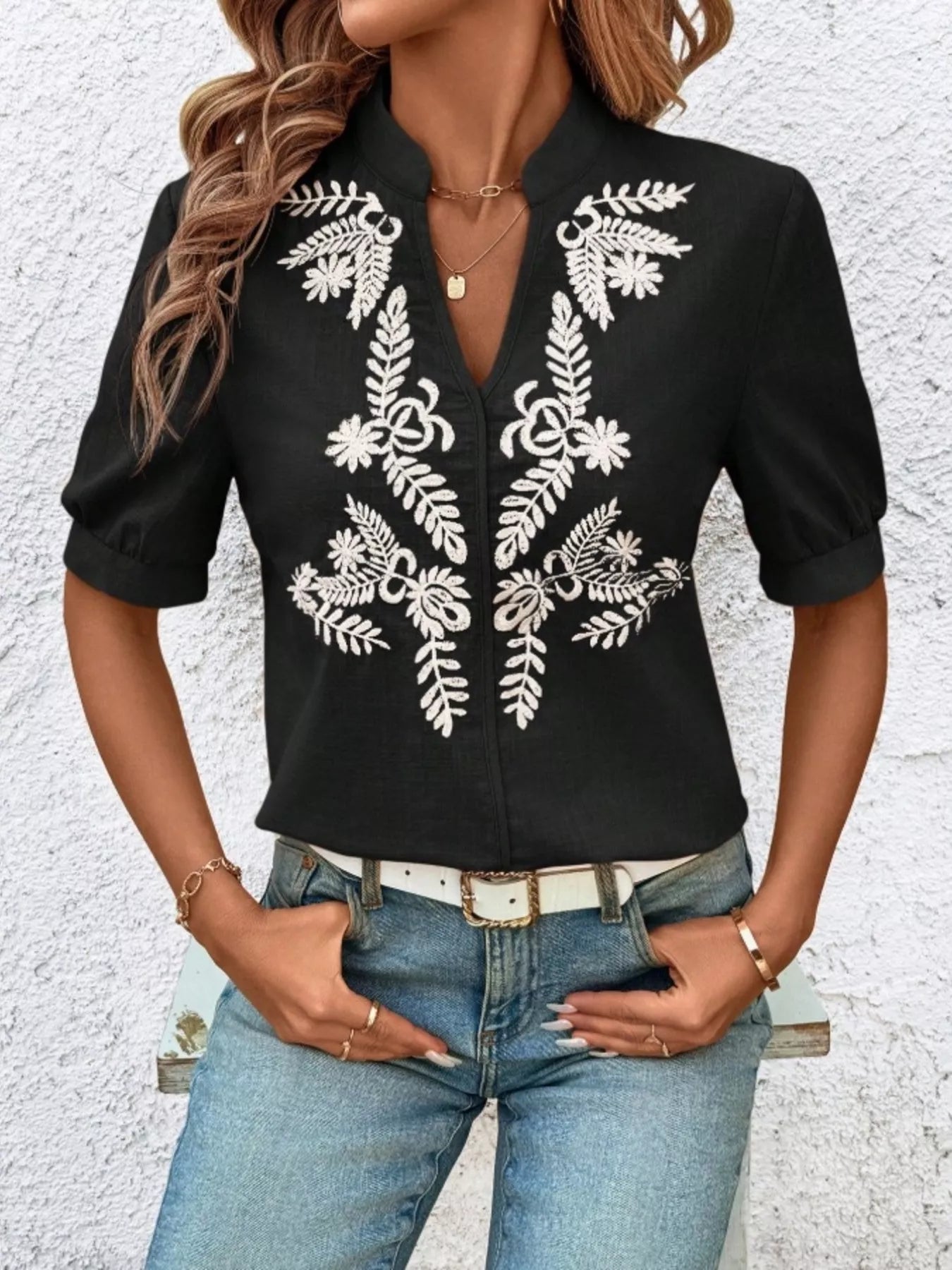 Embroidered Notched Short Sleeve Blouse