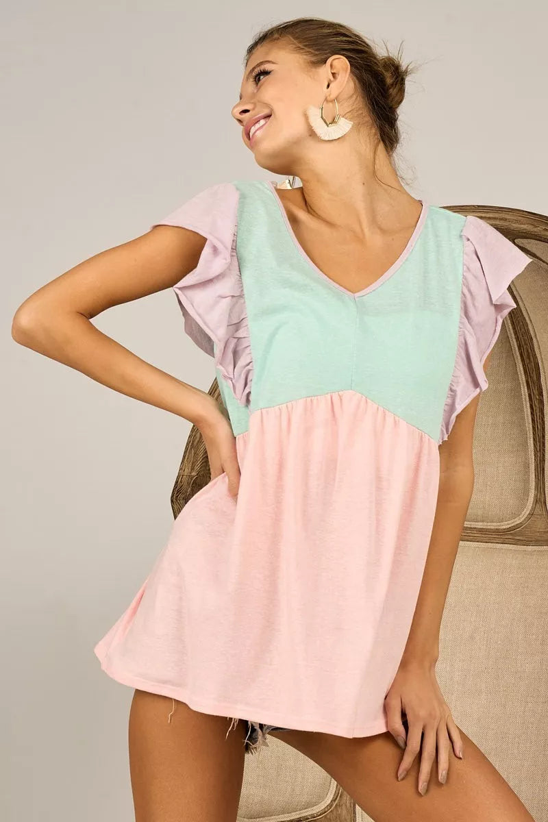 BiBi Triblend Color Block Ruffled Sleeve Babydoll Top