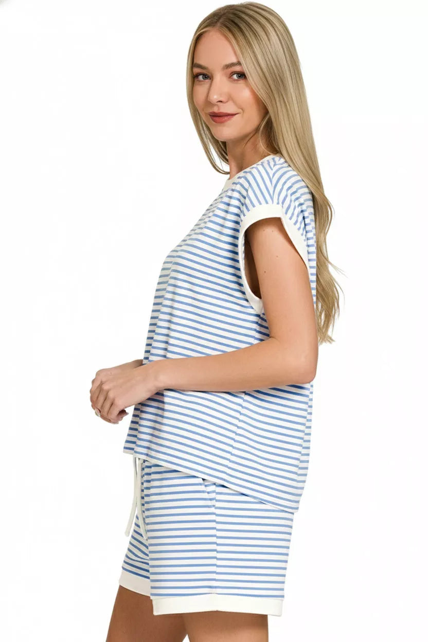 Zenana Stripe Contrast Trim Top & Shorts Set