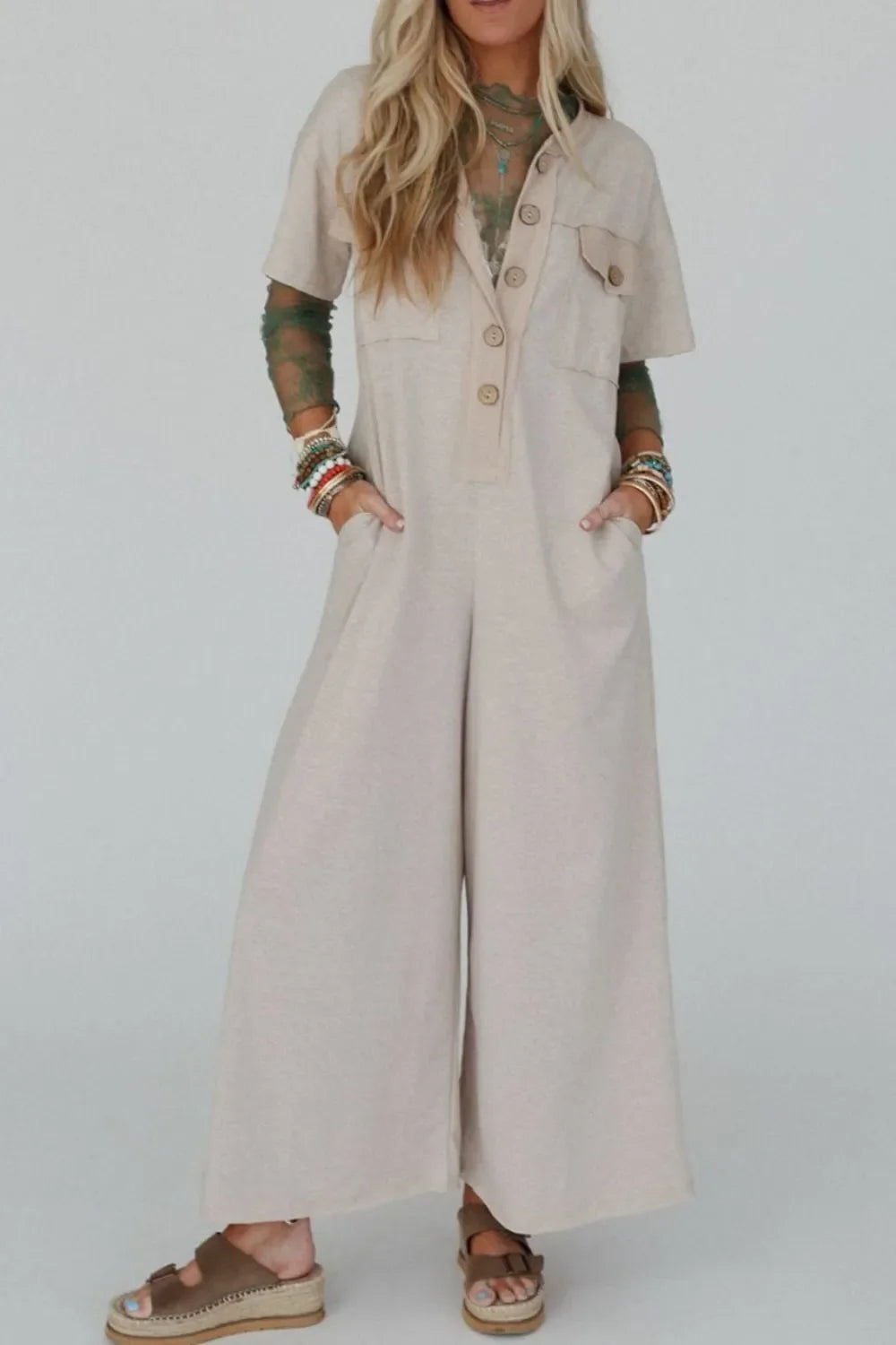 Pocket Front Short Sleeve Wide Leg Jumpsuit