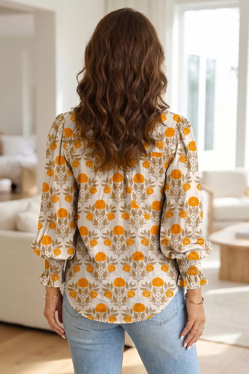 Floral Print V Neck Long Sleeve Top