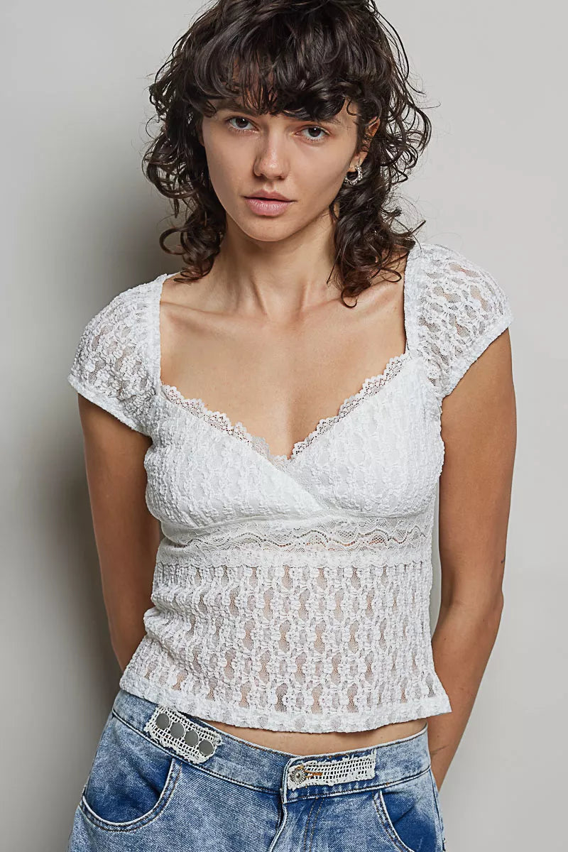 POL Sweetheart Neck Lace Short Sleeve Top
