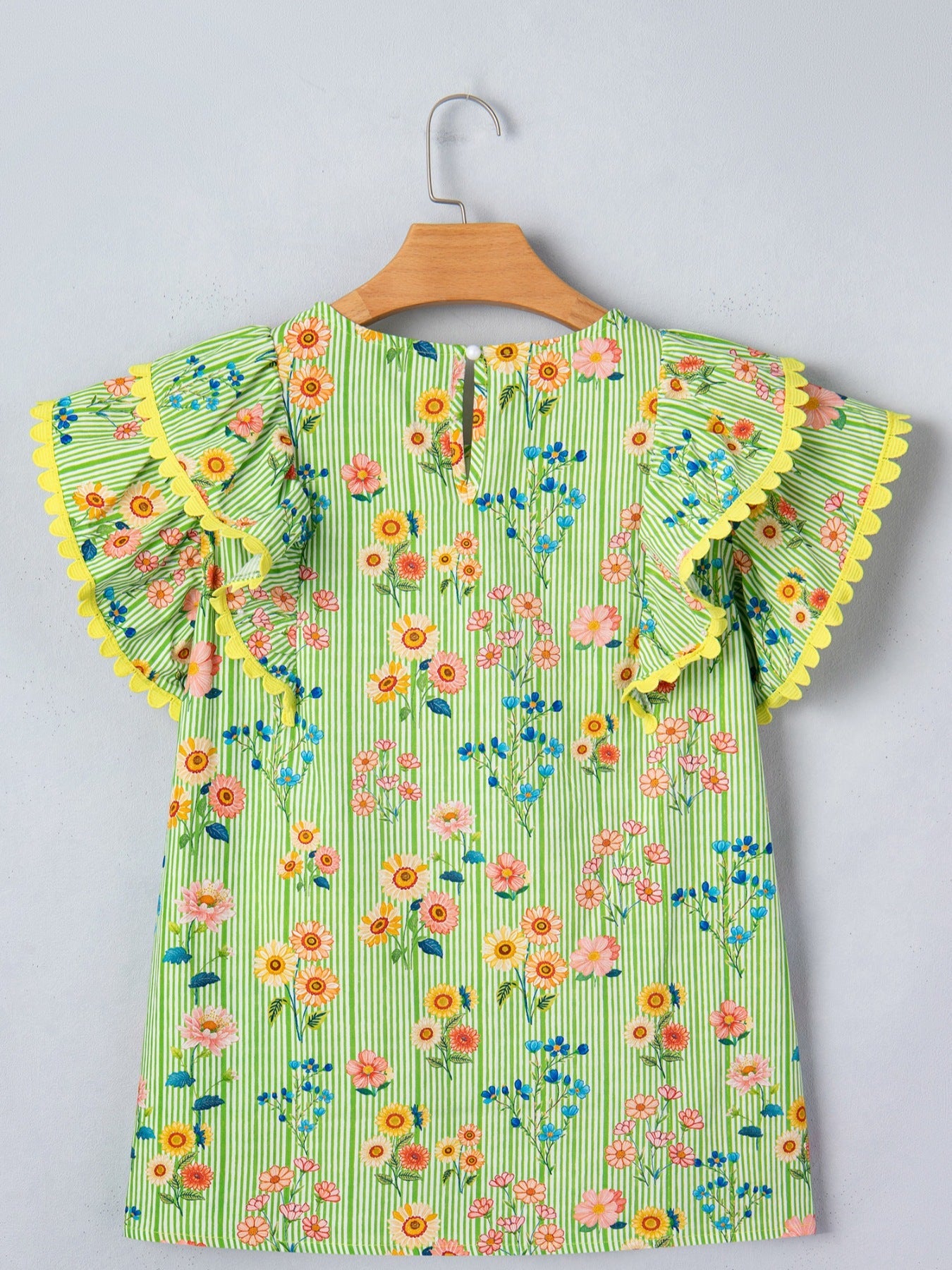 Stripe Floral Printed Scalloped Detail Ruffle Short Sleeve Blouse