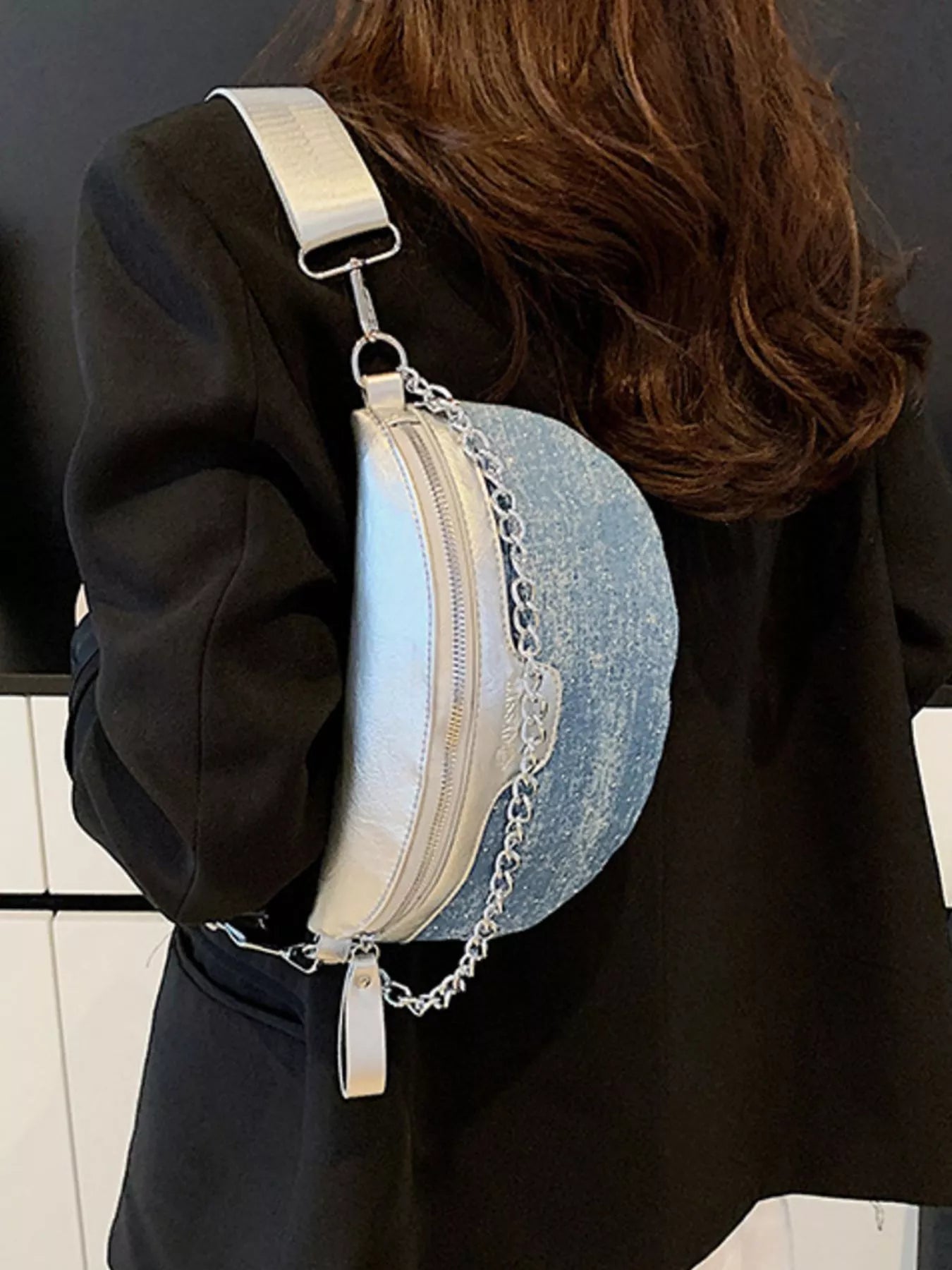 Denim Chain Accent Crossbody Bag