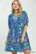 Umgee Mix Botanical Print Puff Sleeve Tiered Dress